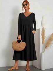 V-Neck Long Sleeve Midi Dress 