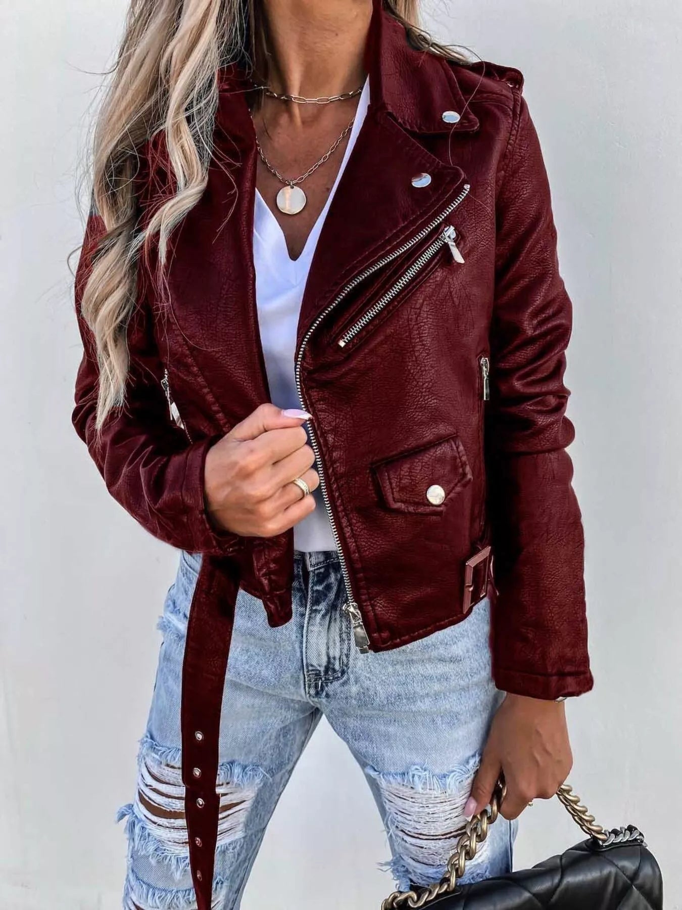 Full Size Zip Up Leather Motorcycle Biker Jacket Plus Size 