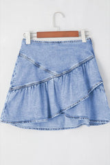 Asymmetric Ruffle Overlay Denim Mini Skirt 