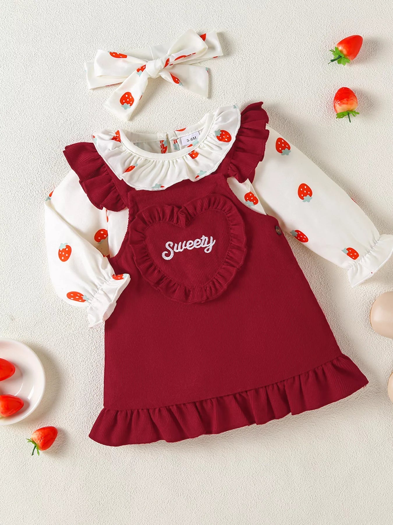 Children's Ruffled Bodysuit and Heart Decor Dress Set with Headband 