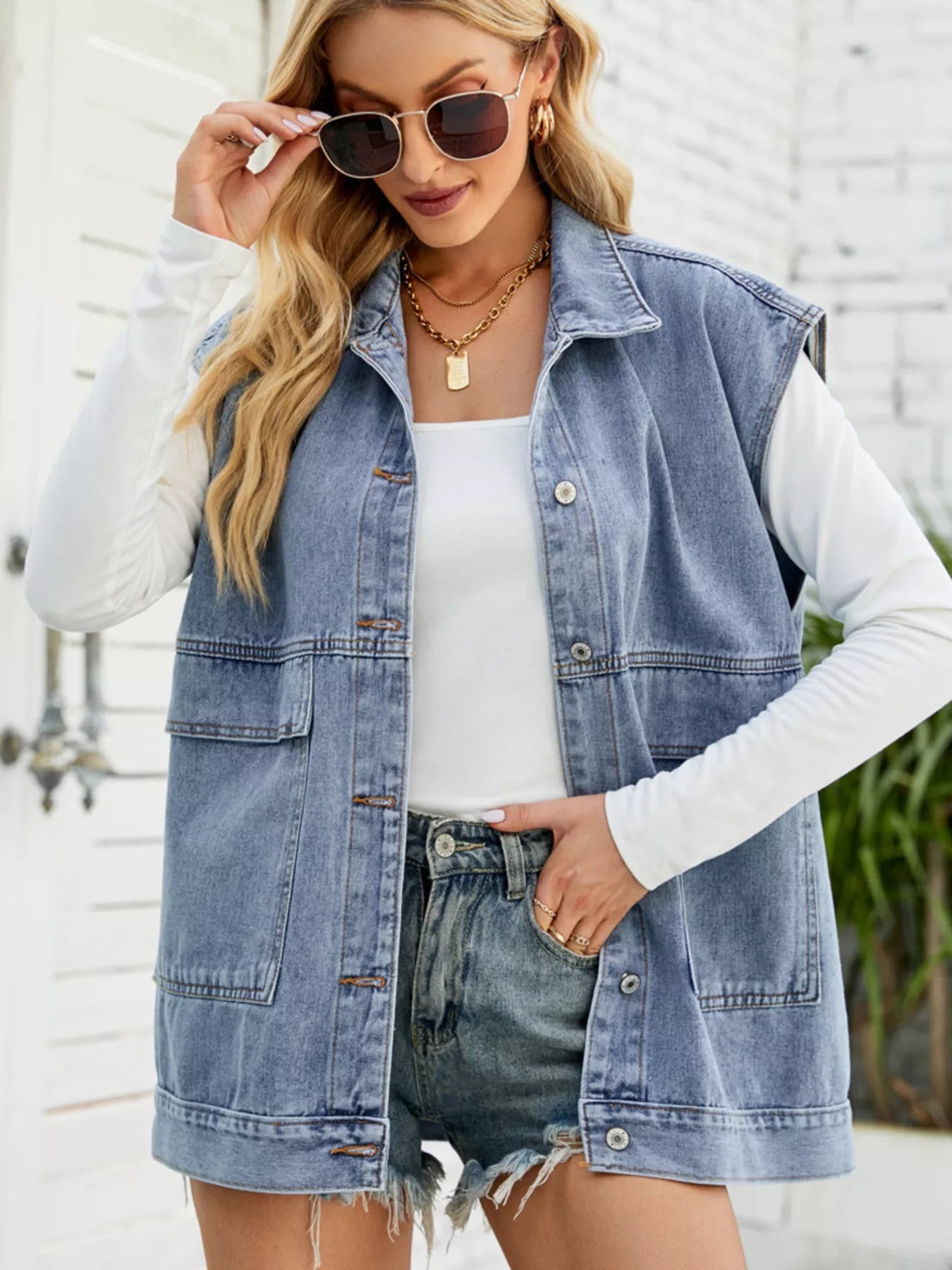 Sleeveless Button-Down Denim Jacket 