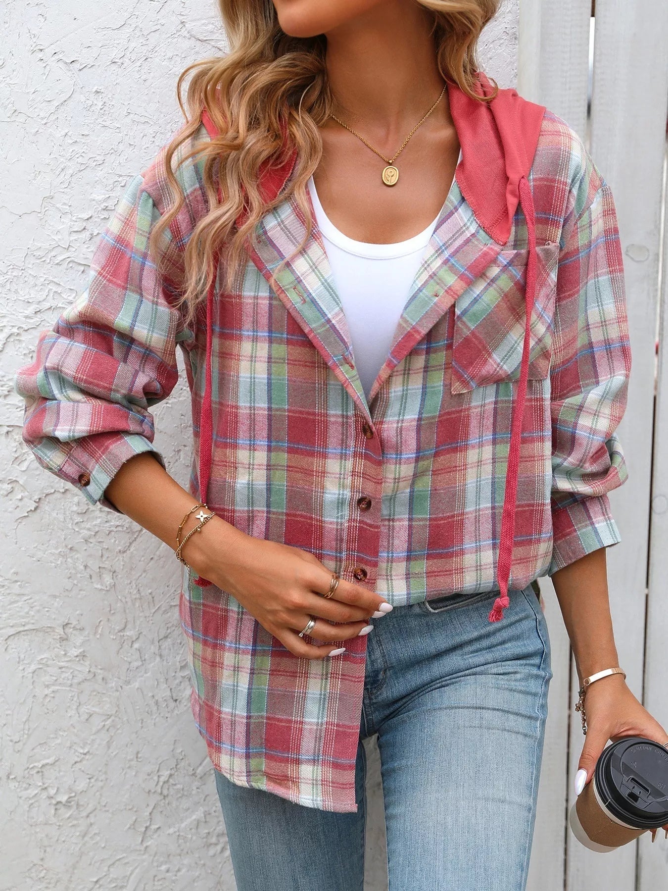 Plaid Button-Up Hooded Shirt with Chest Pocket 