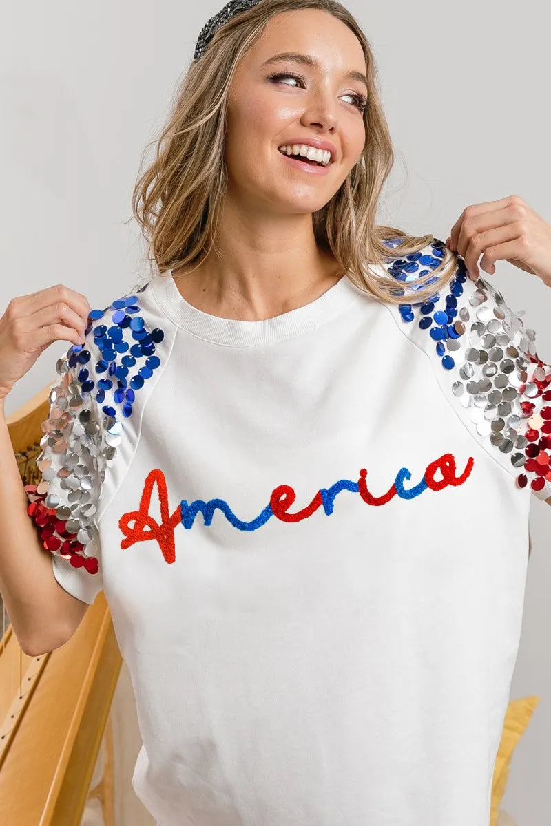BiBi America Letter Applique Spangle Puff Sleeves Top 
