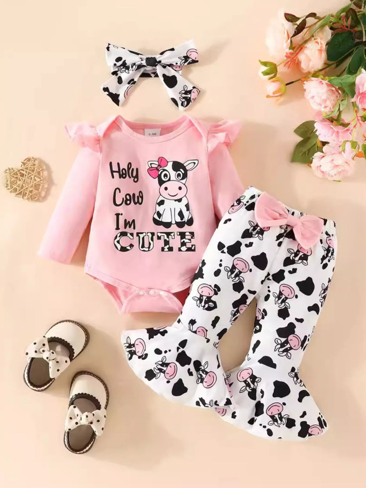 Children's Cow Graphic Ruffle Trim Bodysuit and Pants Set 
