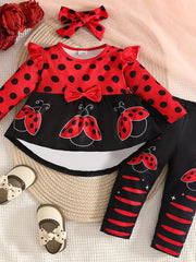 Children's Ladybug Print Ruffle Trim Top and Pants Set 