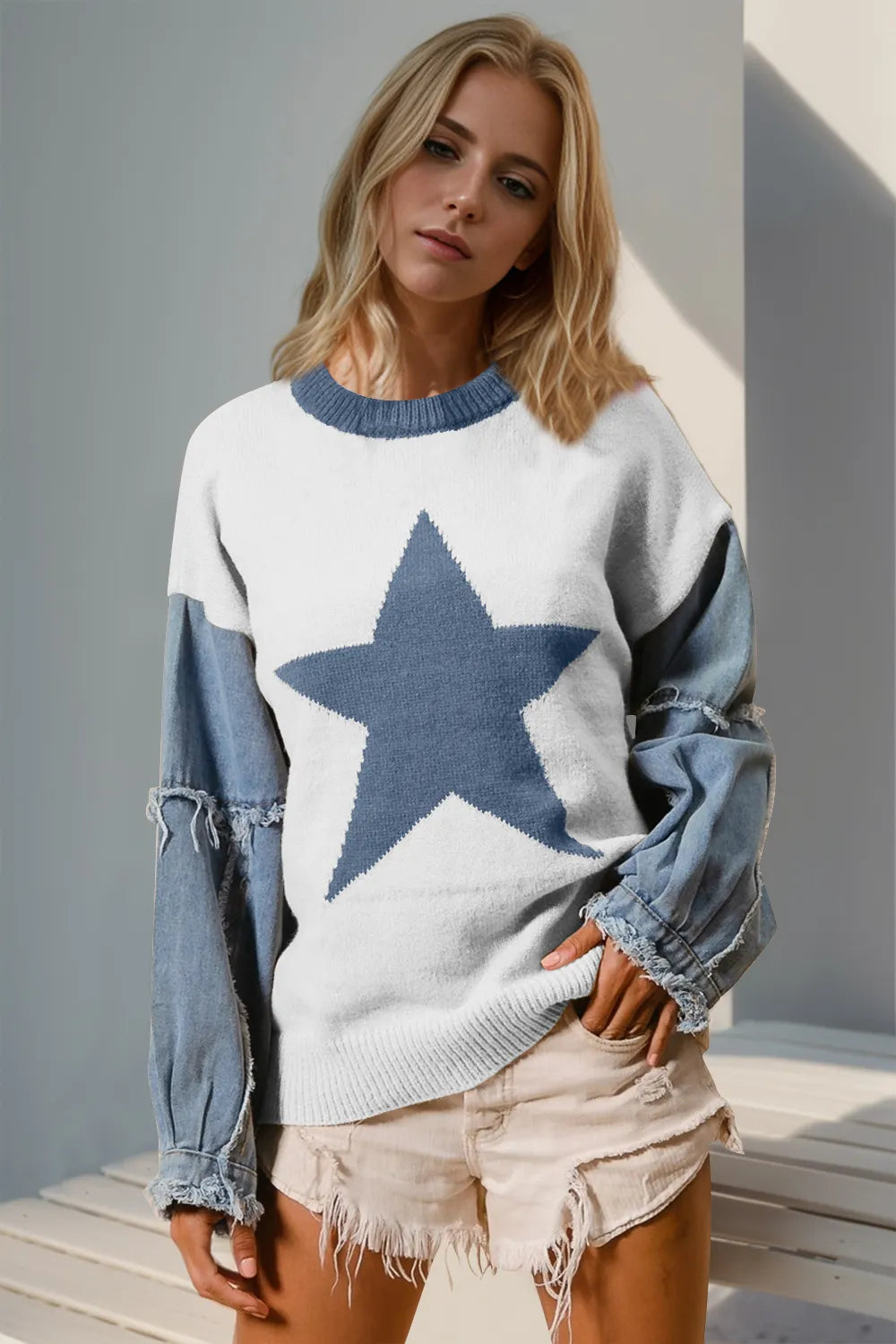 Double Take Full Size Star Pattern Raw Edge Long Sleeve Sweater 