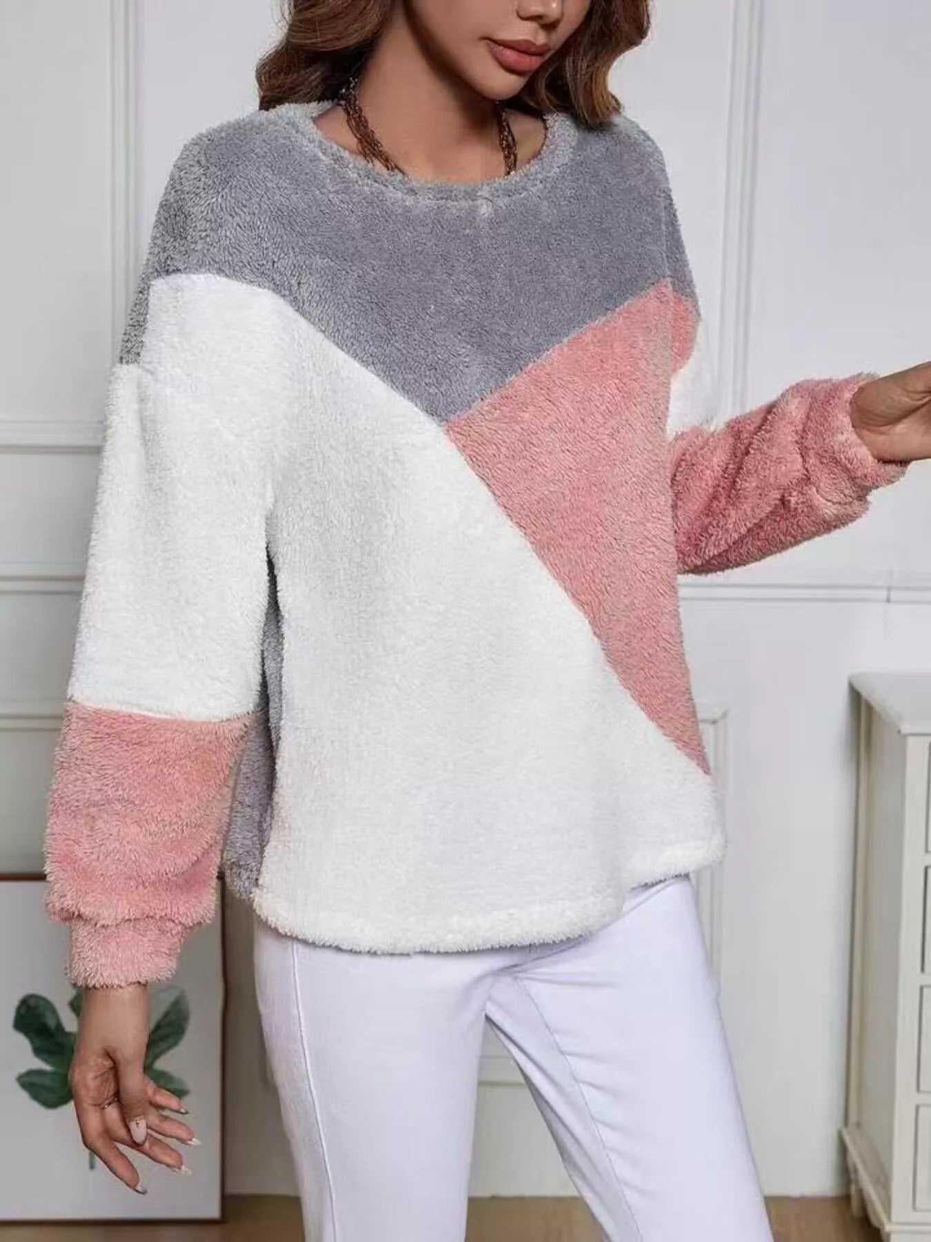 Color Block Fuzzy Knit Sweatshirt 