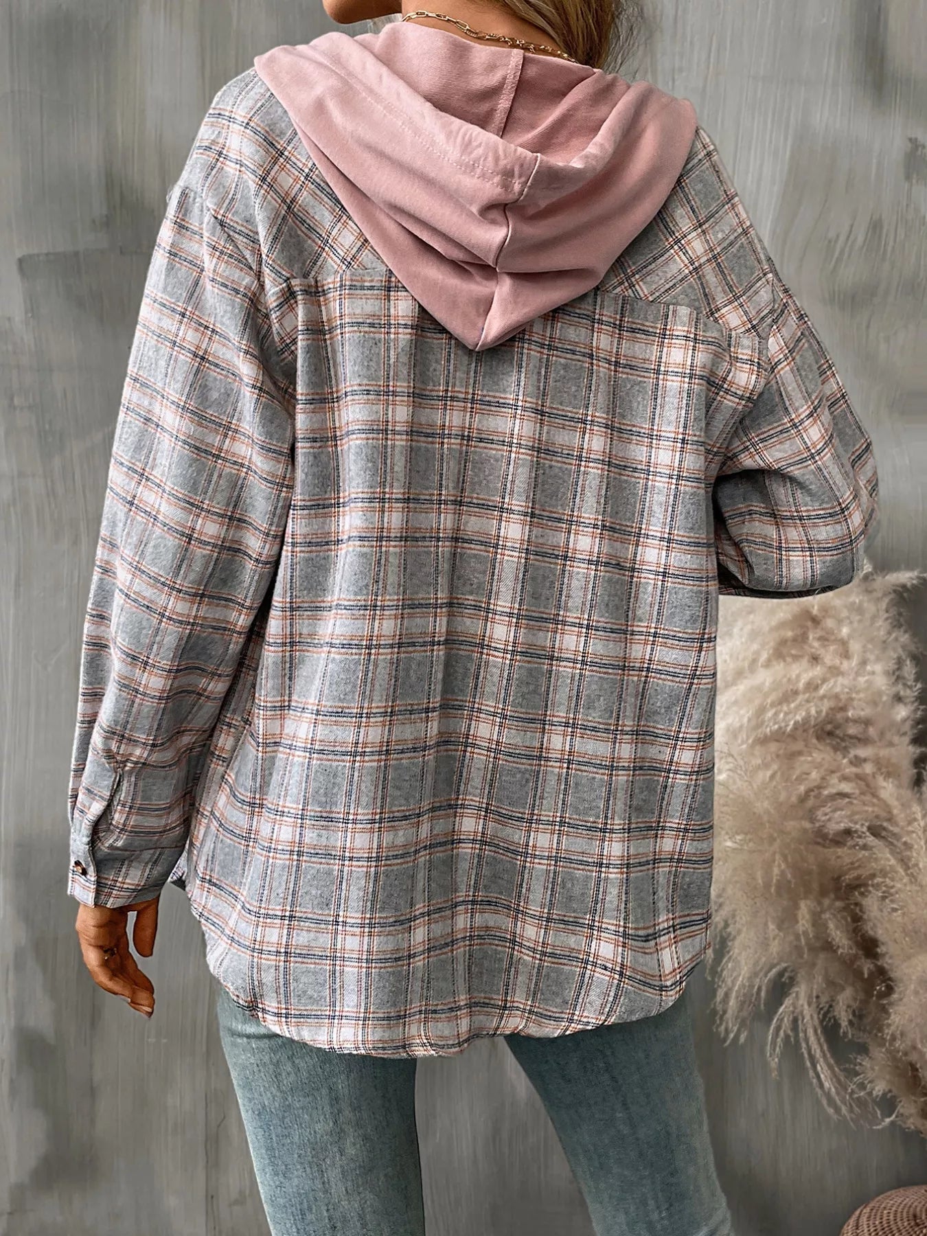 Plaid Button-Up Hooded Shirt with Chest Pocket 