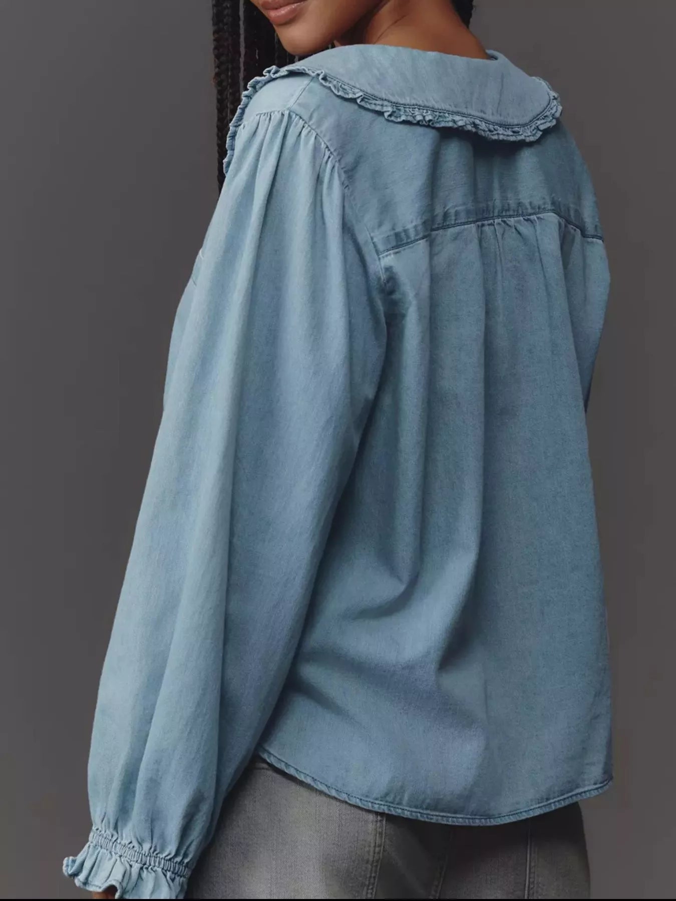Peter Pan Collar Ruffled Denim Shirt 