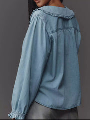 Peter Pan Collar Ruffled Denim Shirt 