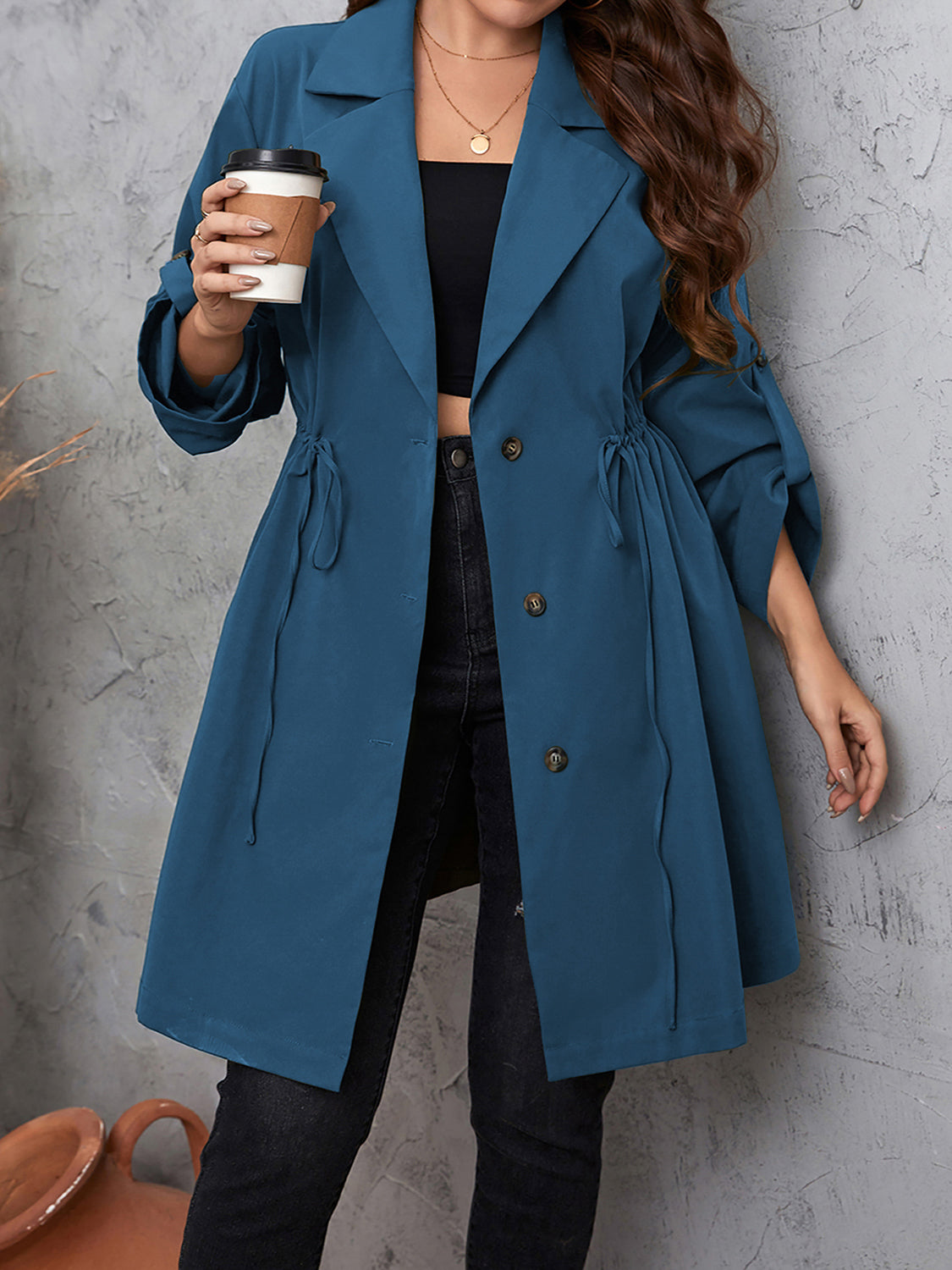 Honey Plus Size Lapel Collar Drawstring Roll-Tab Sleeve Trench Coat 