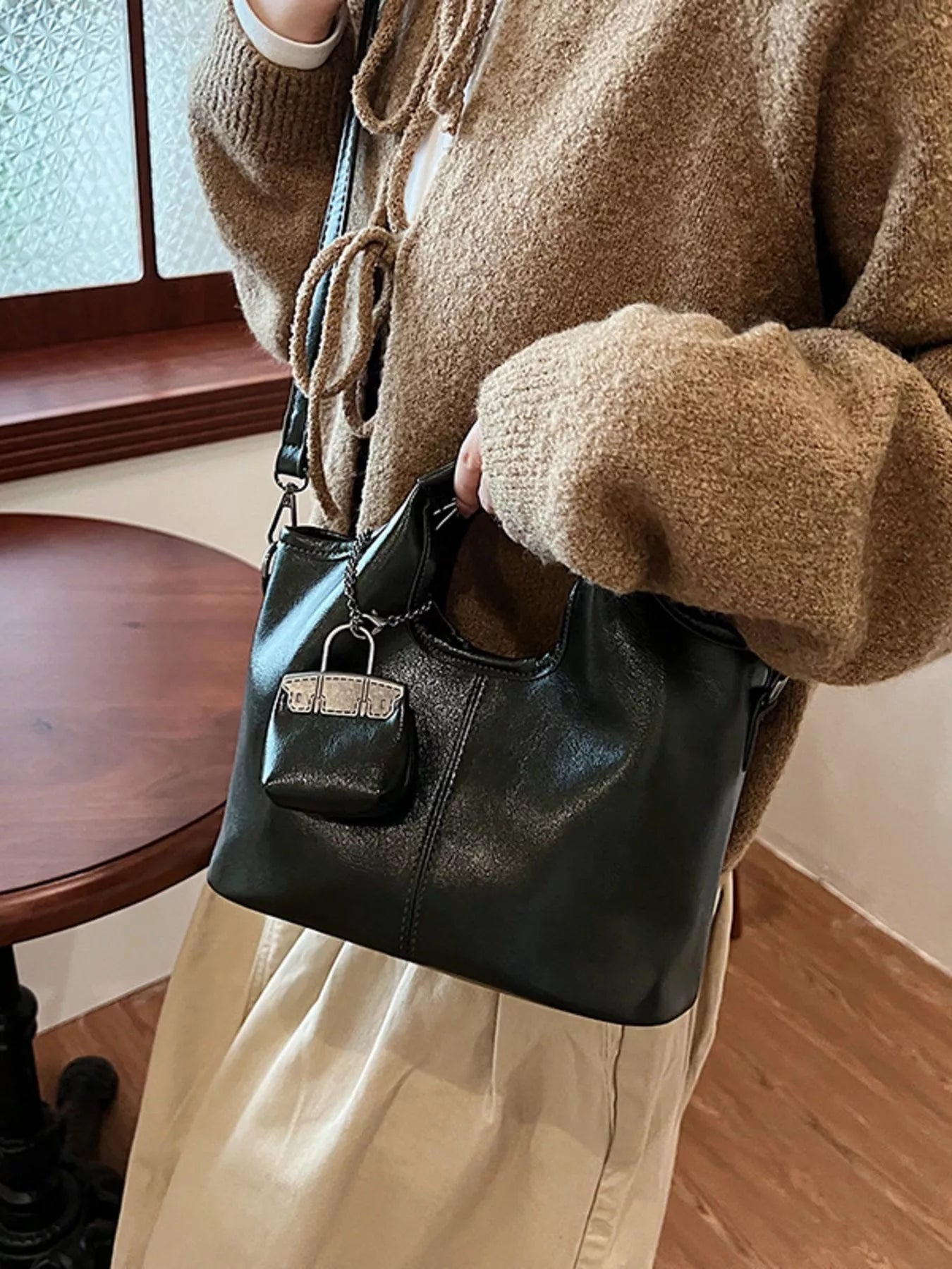 Leather Crossbody Bag with Charm 
