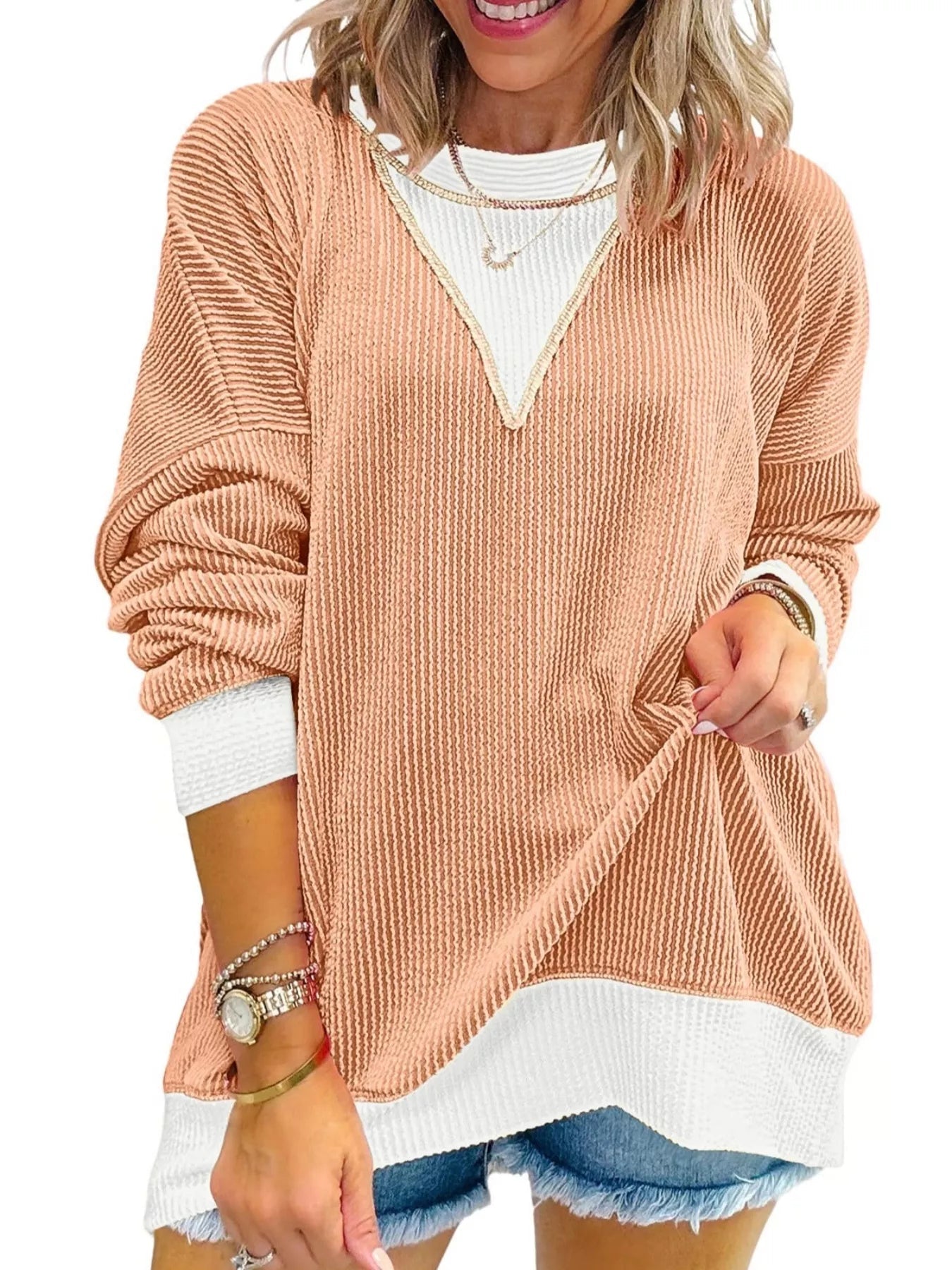 Two-Tone Ribbed Knit Sweatshirt 