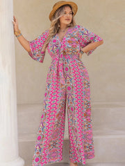 Plus Size Printed Half Sleeve Wide Leg Jumpsuit 