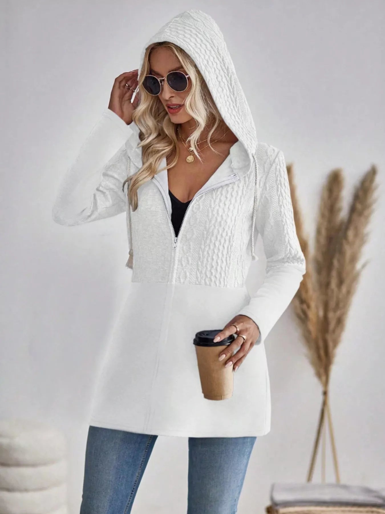 Drawstring Textured Zip Up Drawstring Hooded Jacket 