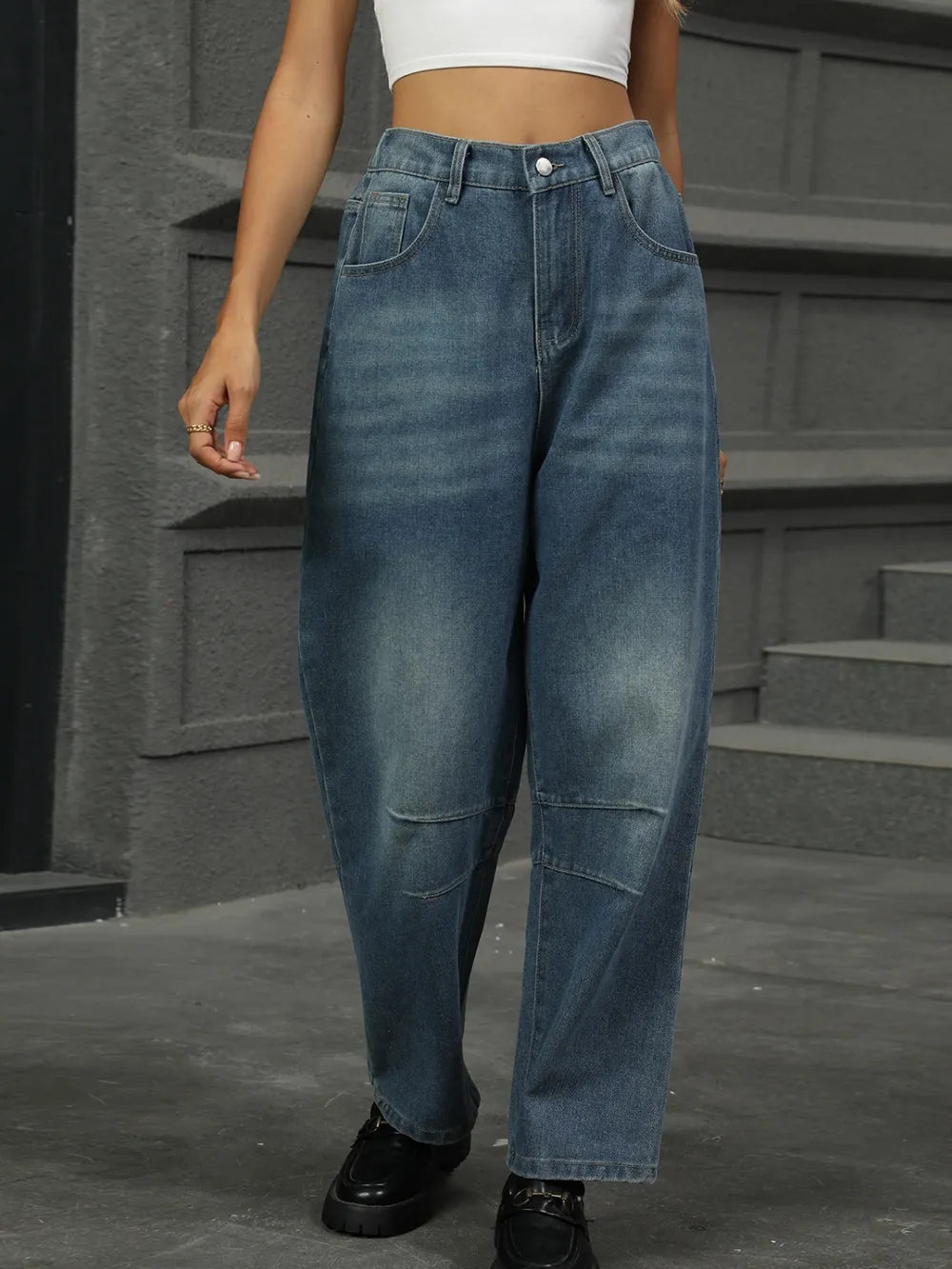 Half Elastic Waist Straight Leg Jeans 