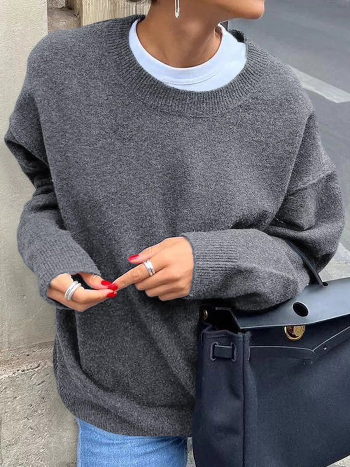 Ribbed Round Neck Dropped Shoulder Sweater 