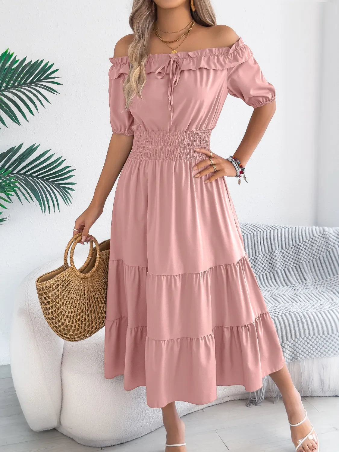 Smocked Off-Shoulder Tiered Dress 