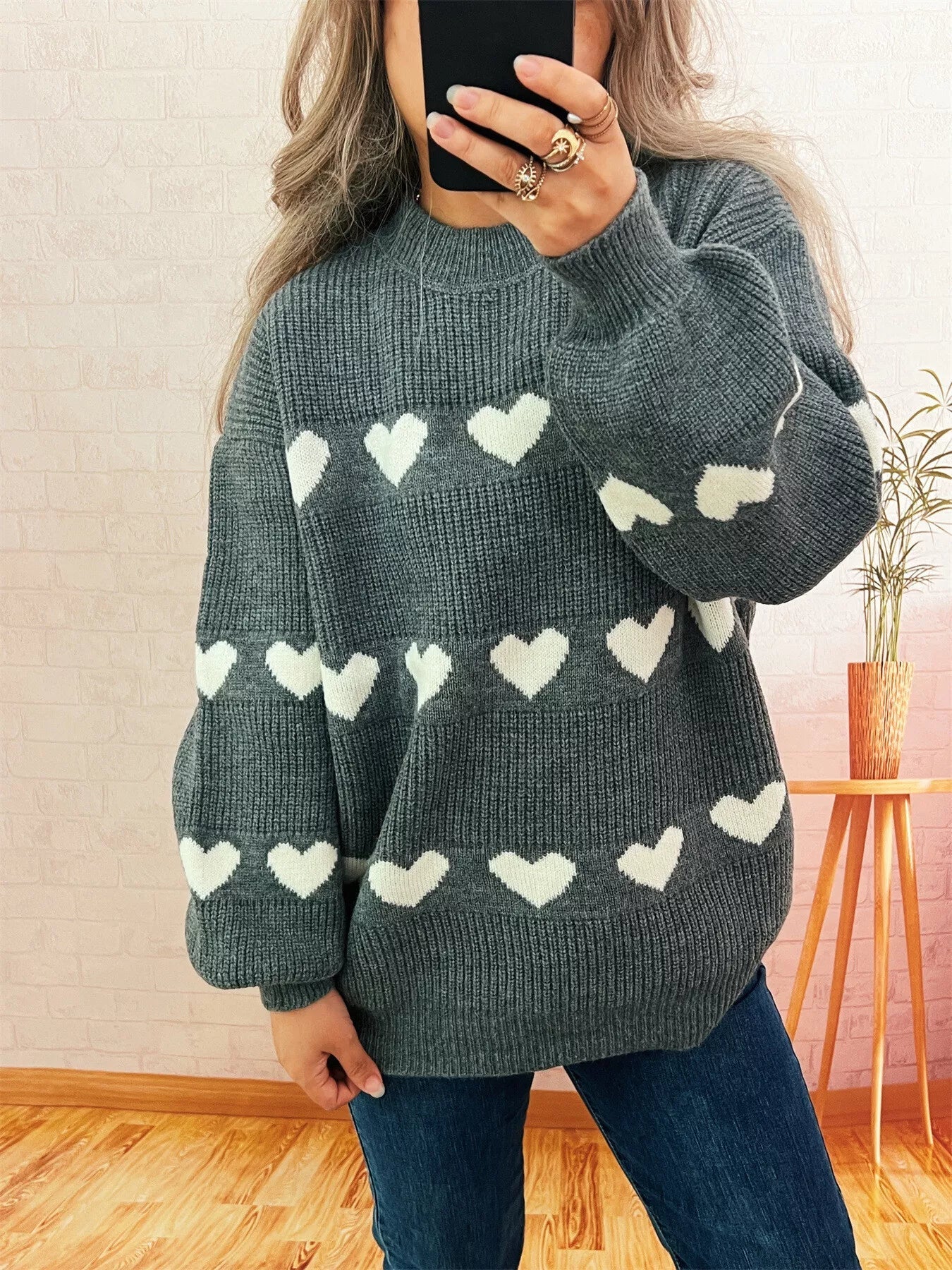 Heart Pattern Dropped Shoulder Sweater 