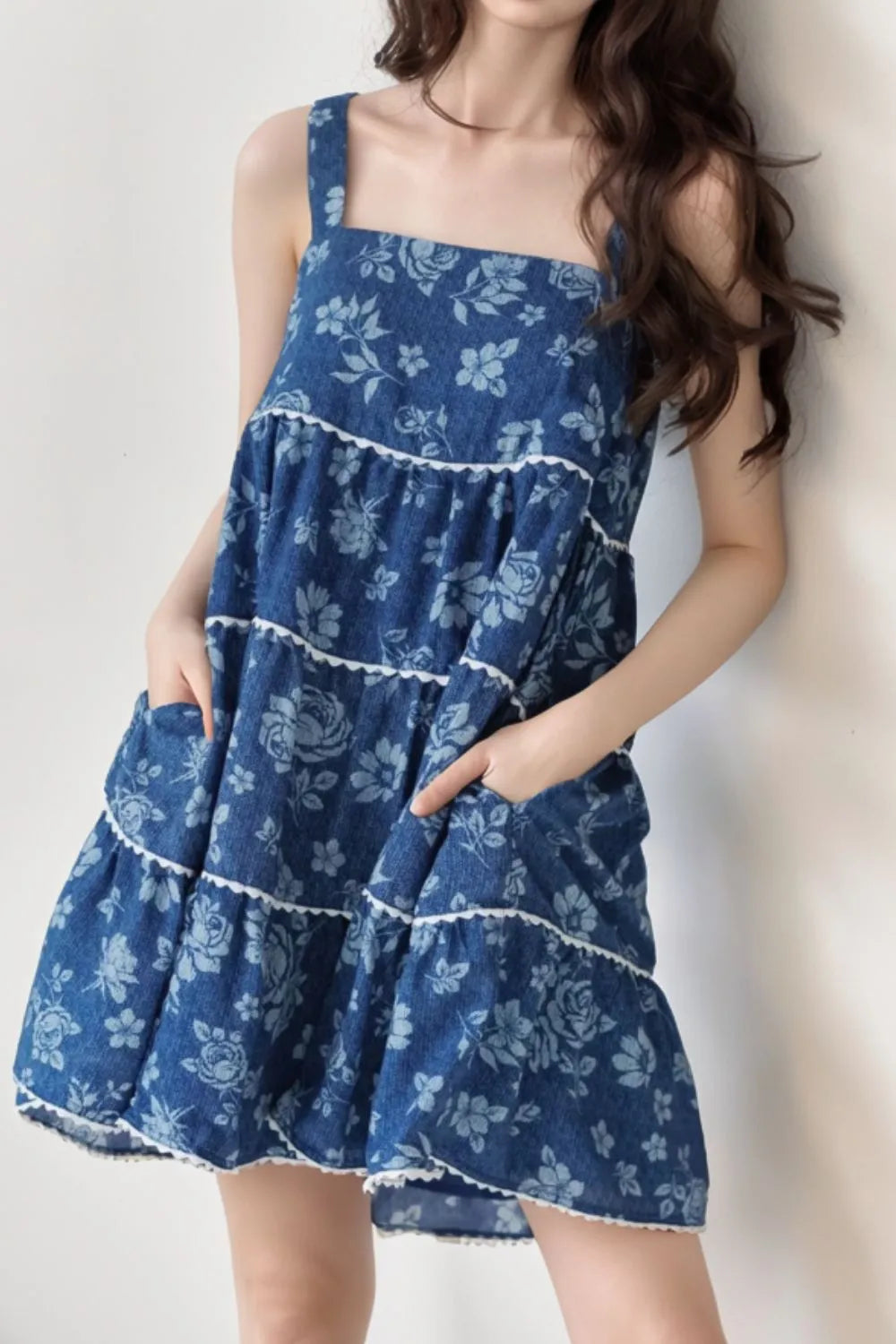 Floral Tiered Square Neck Denim Dress 