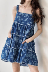 Floral Tiered Square Neck Denim Dress 