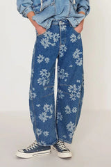Flower Print Wide Leg Jeans 