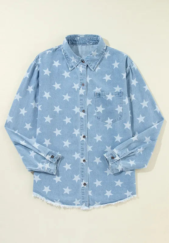 Raw Hem Star Collared Neck Denim Top 
