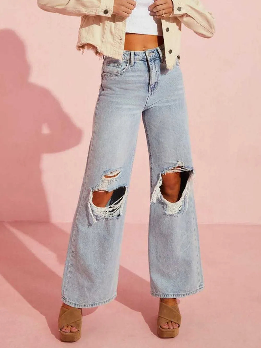 Distressed Wide Leg Jeans with Pockets 