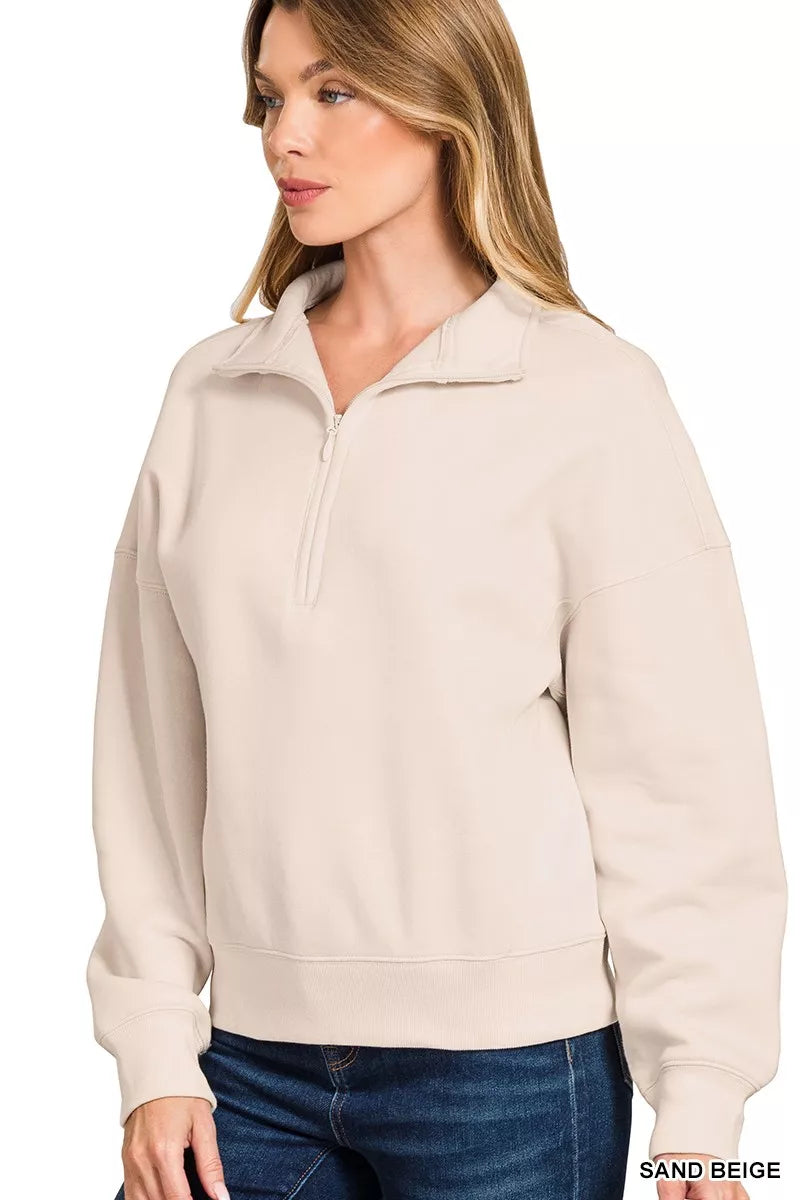 Zenana Fleece High Neck Half Zip Sweatshirt 