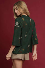 Umgee Floral Mock Neck Knit Top with Wide Sleeves 
