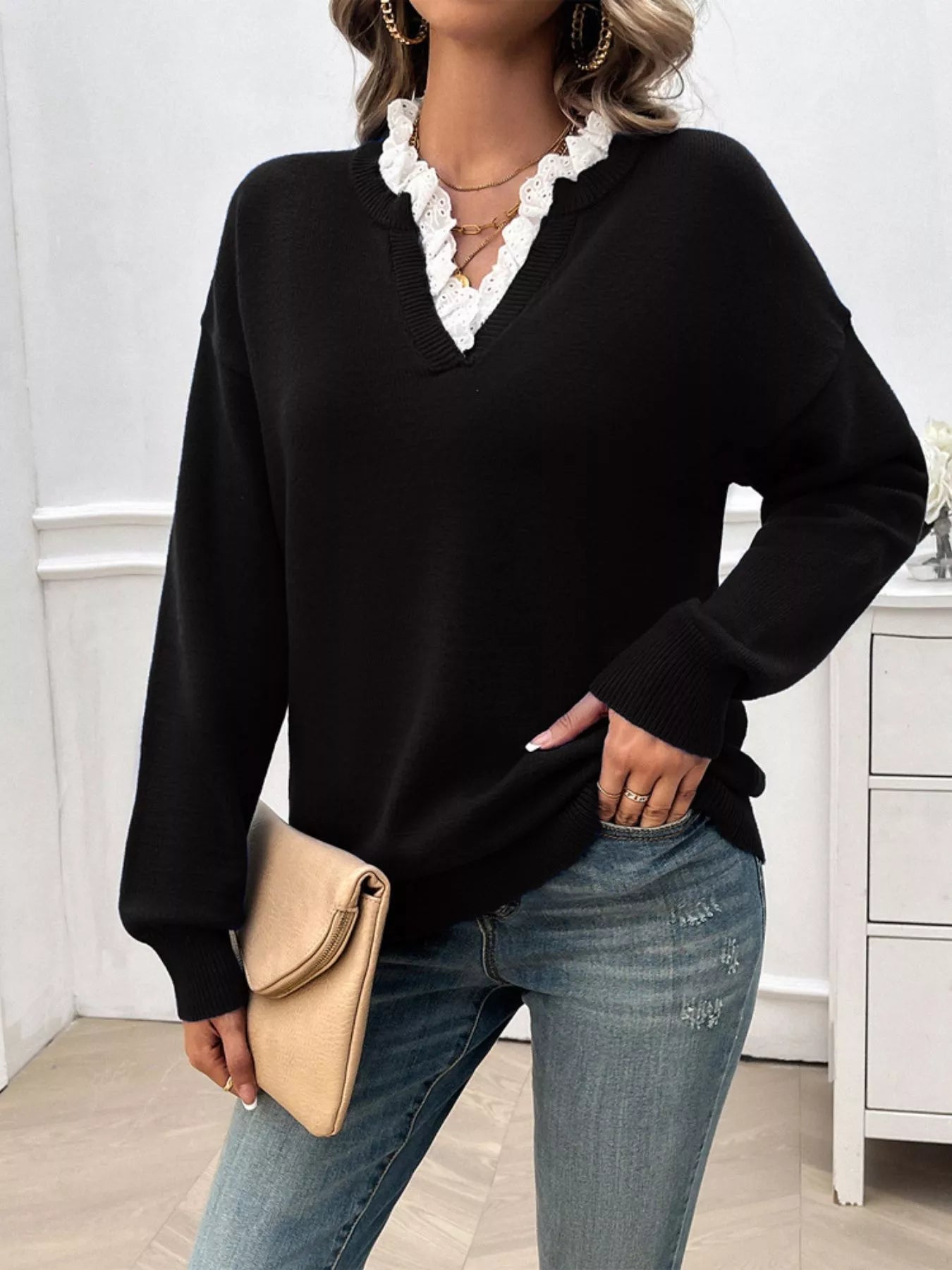 Lace Trim Notched Long Sleeve Sweater 