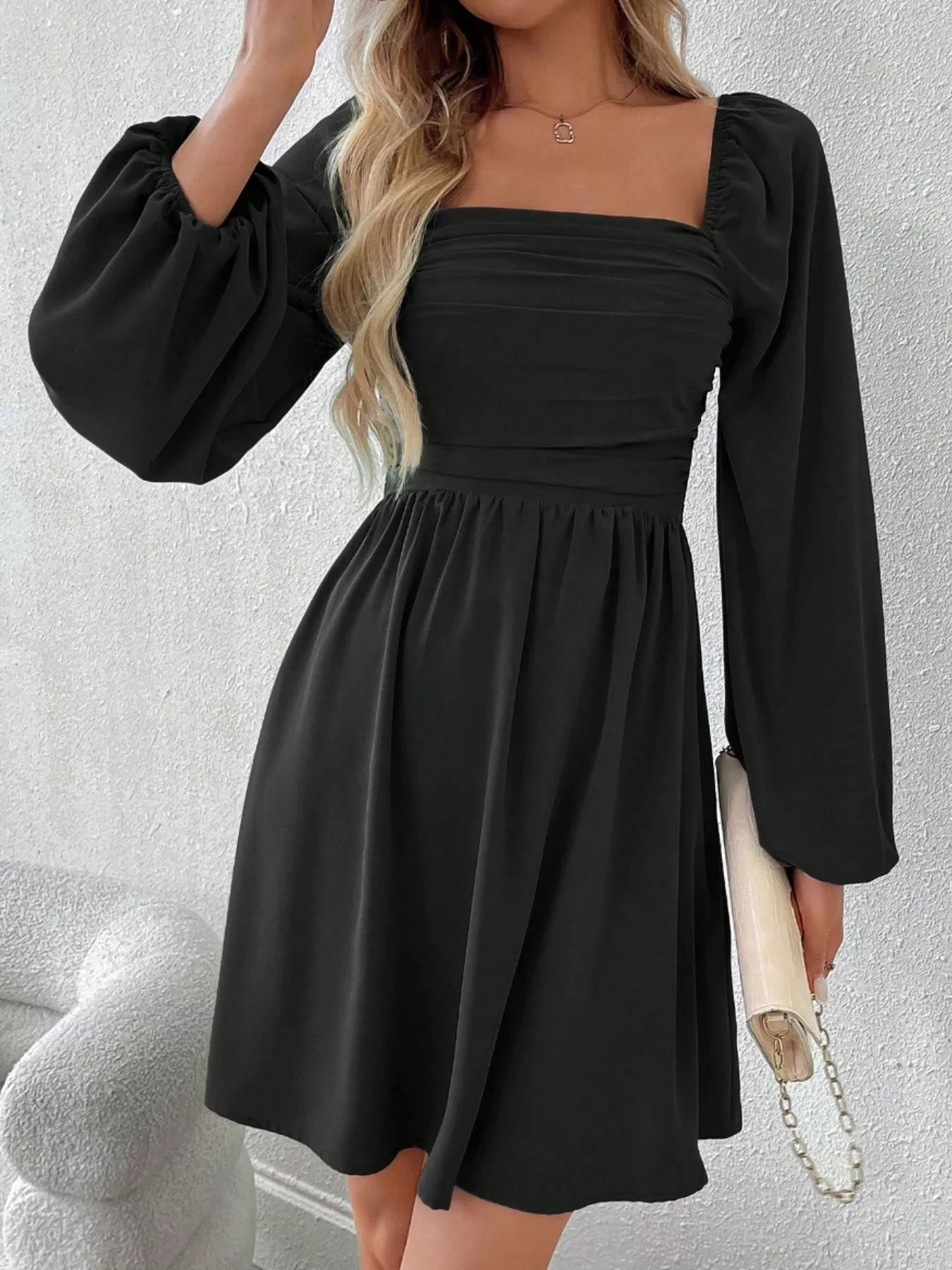 Ruched Square Neck Long Sleeve A-Line Dress 