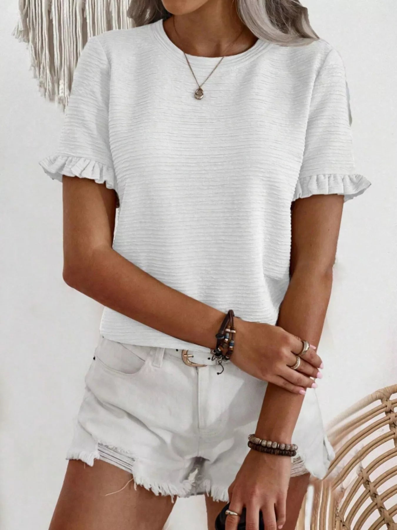 Textured Ruffle Sleeve Round Neck T-Shirt 