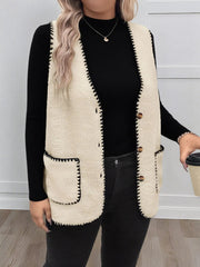 Plus Size Contrast Trim Button Up Vest Coat 
