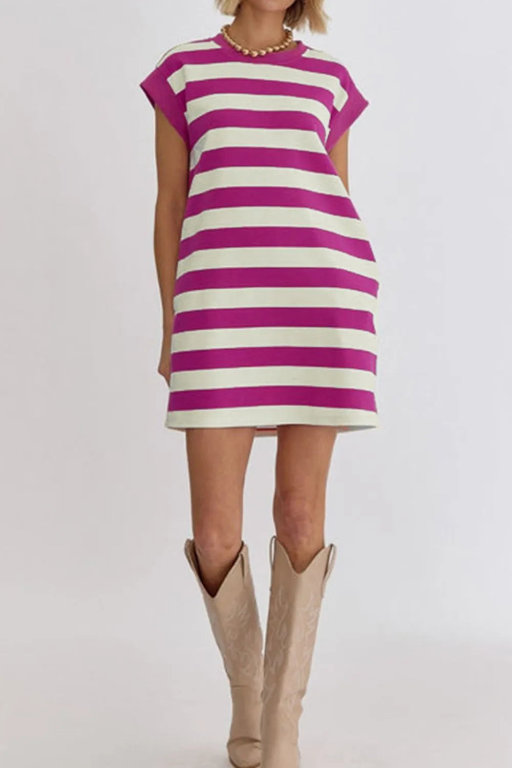 Stripe Cap Sleeve Pocketed Shift Tee Dress 