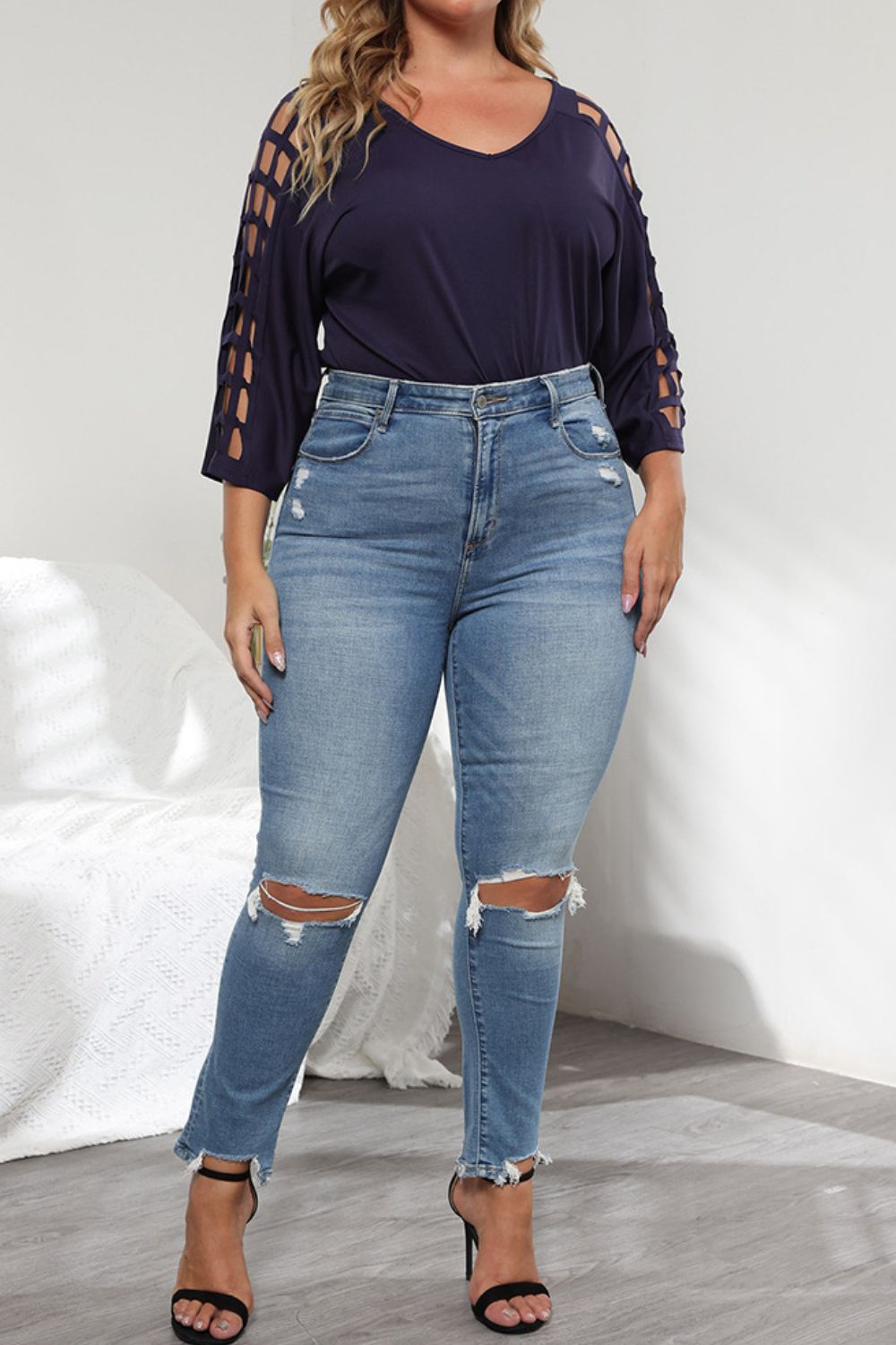 Plus Size Cutout Three-Quarter Sleeve Blouse 
