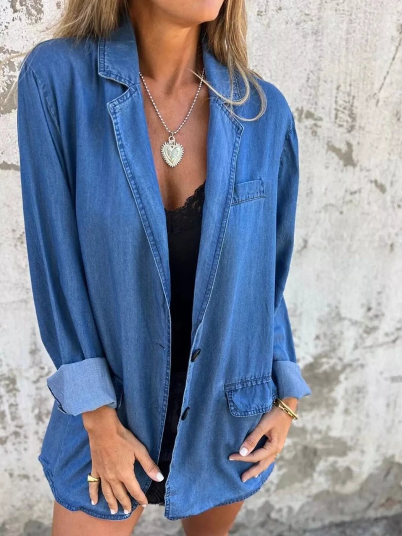 Full Size Button Down Denim Blazer Plus Size 