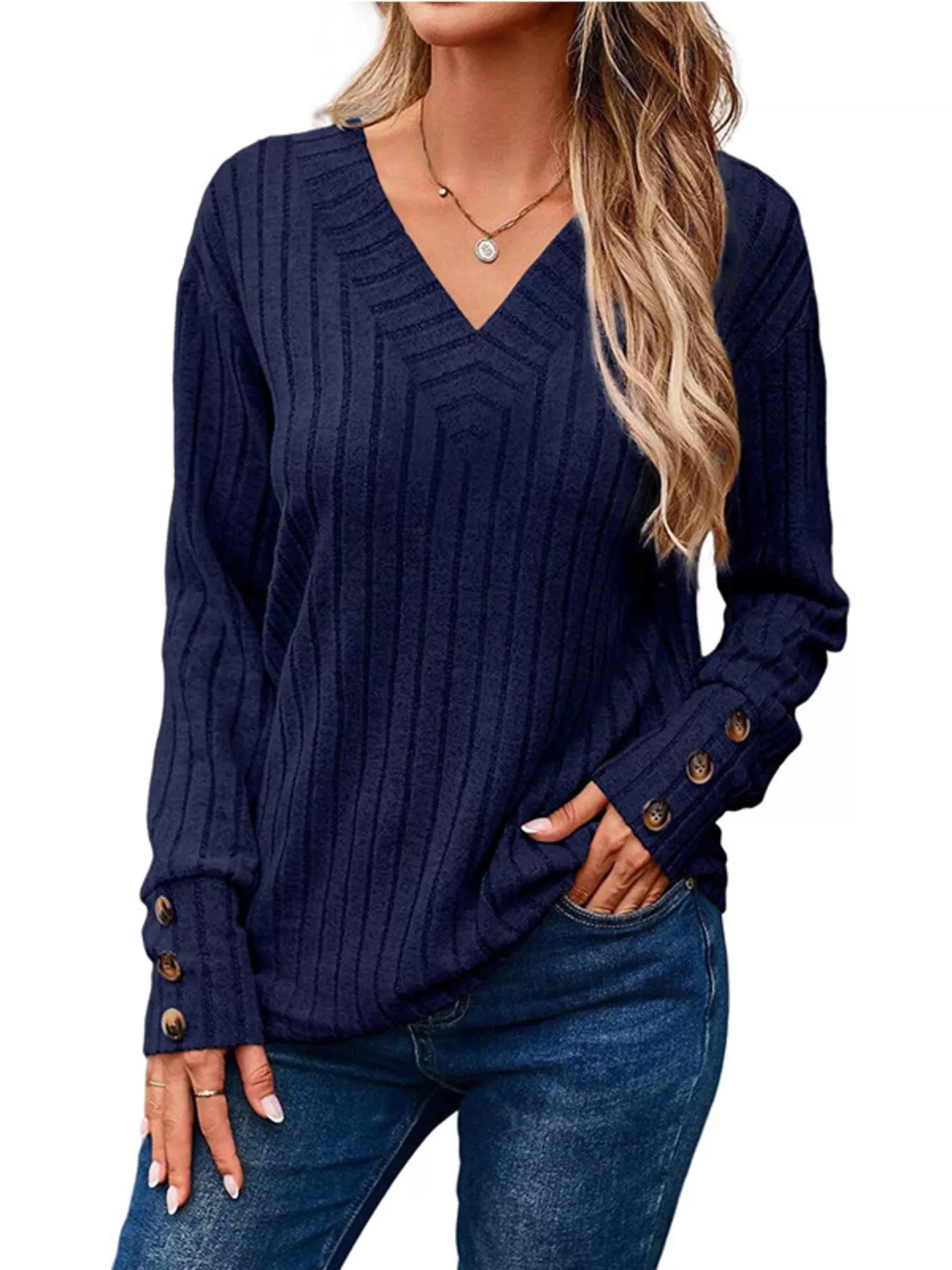 Ribbed V-Neck Long Sleeve Top 
