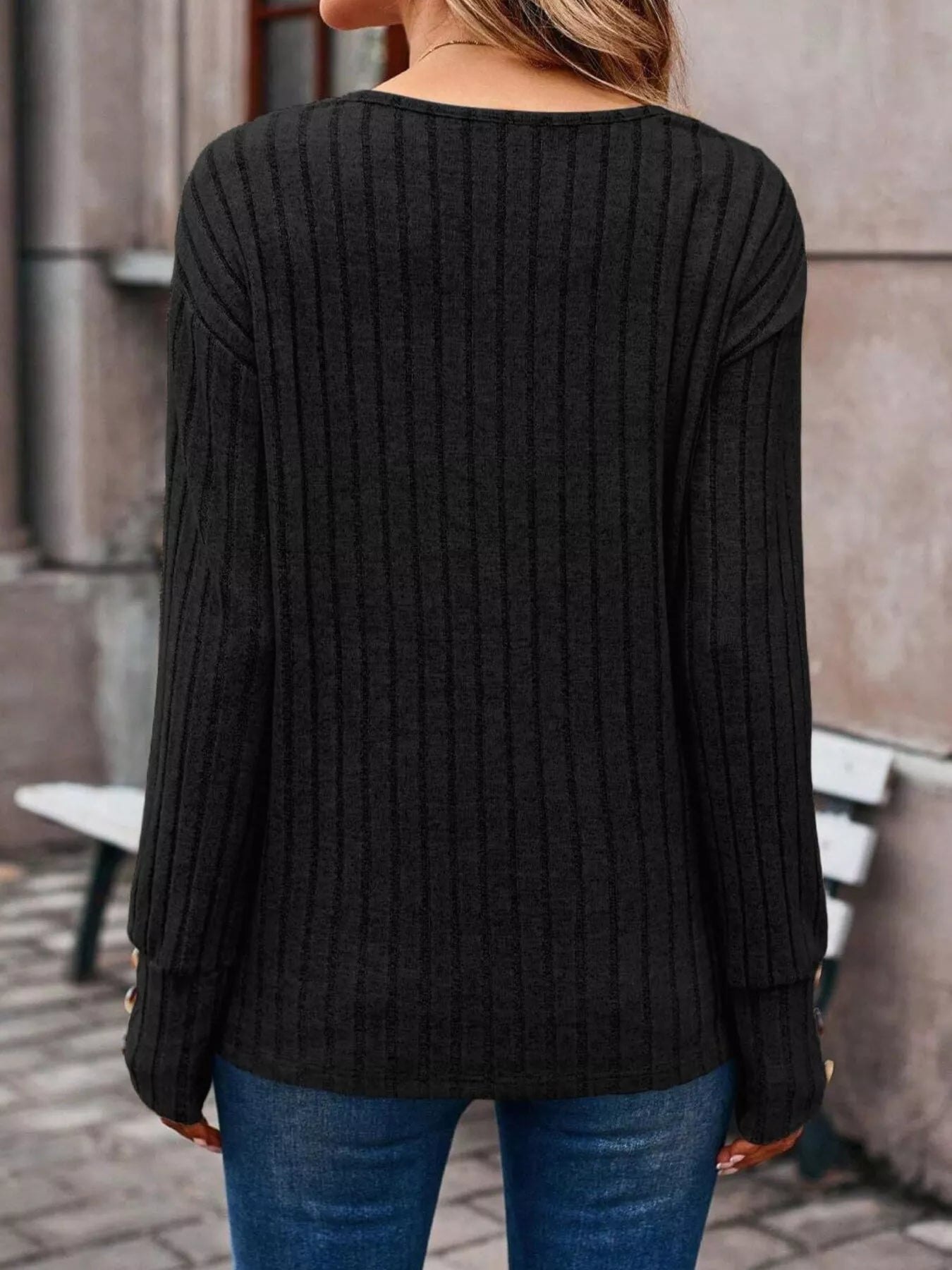 Ribbed V-Neck Long Sleeve Top 