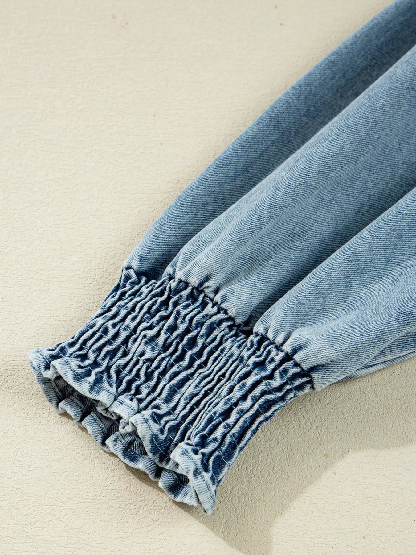Smocked Cuffs Flared Denim Shirt Mini Dress 