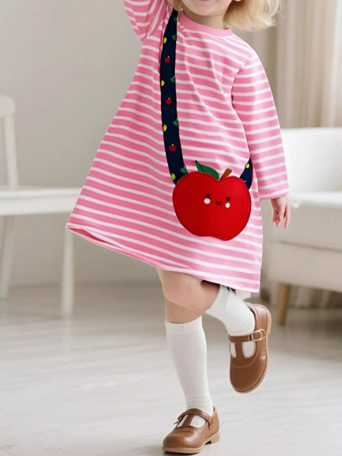 Children's Apple Applique Striped Long Sleeve Dress 