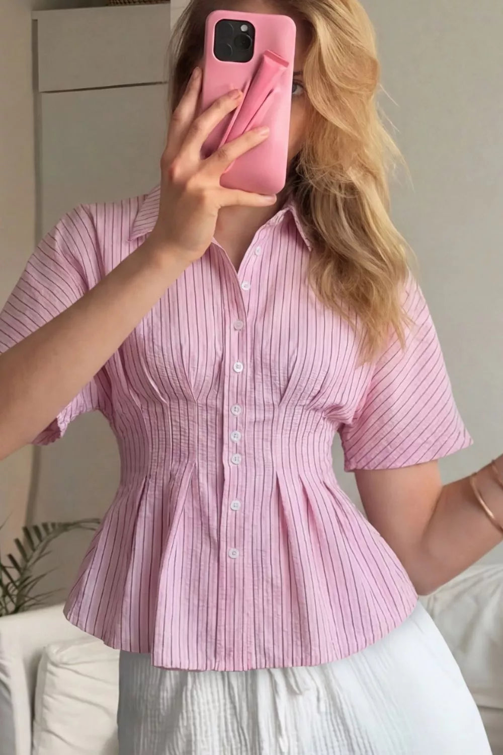 Striped Peplum Button Up Shirt 