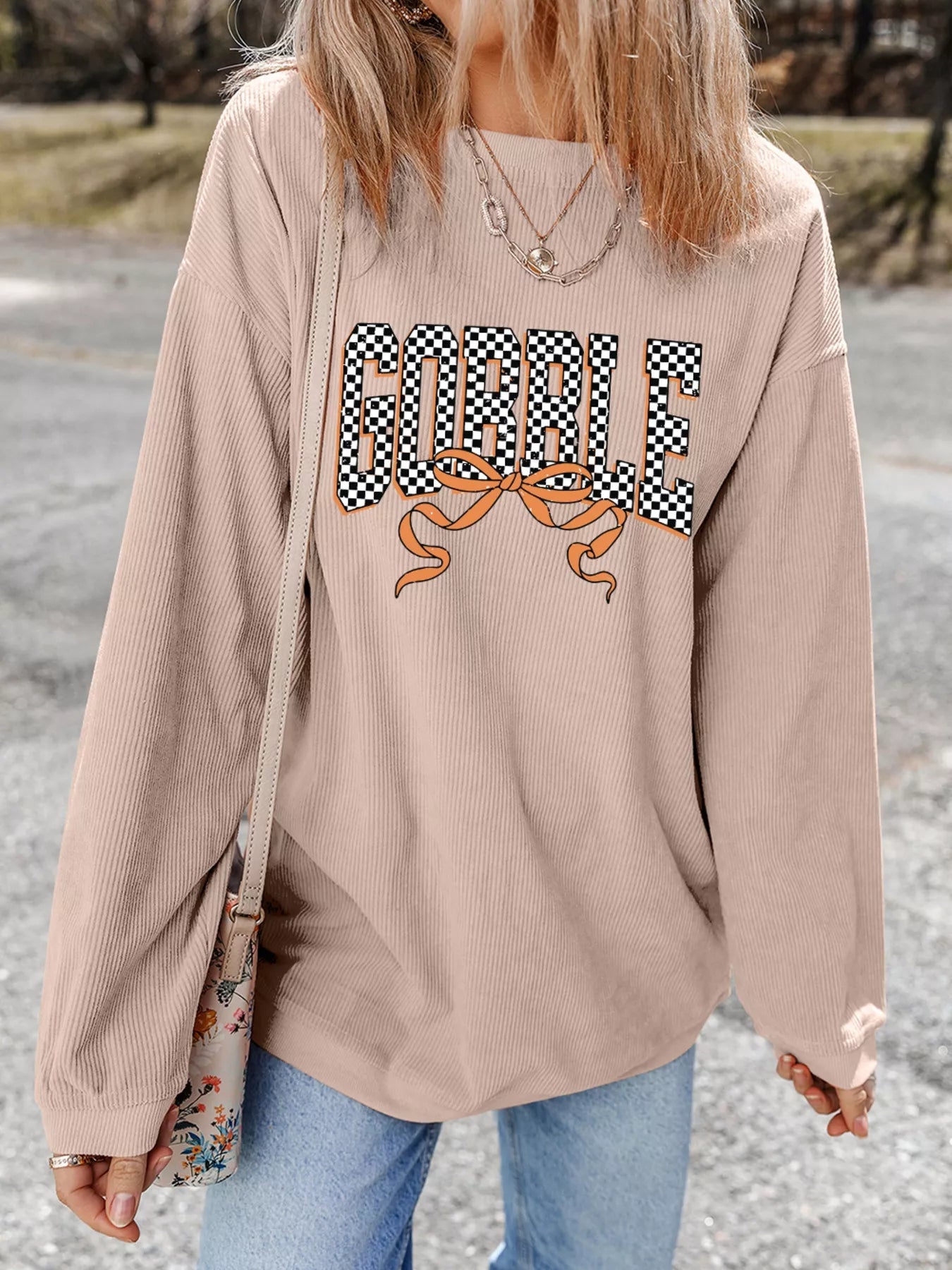 Twisted Ribbed Texture Checkered GOBBLE Bow Baggy Sweatshirt 