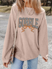 Twisted Ribbed Texture Checkered GOBBLE Bow Baggy Sweatshirt 