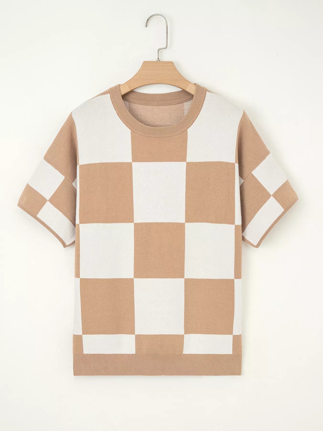 Checkered Pattern Loose Drop Shoulder Half Sleeve Sweater 