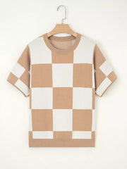 Checkered Pattern Loose Drop Shoulder Half Sleeve Sweater 