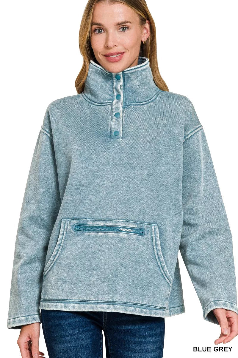 Zenana Fleece Washed High Neck Kangaroo Pocket Sweatshirt 