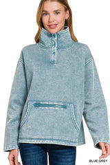 Zenana Fleece Washed High Neck Kangaroo Pocket Sweatshirt 