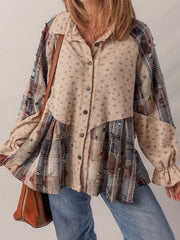 Boho Floral Plaid Patchwork Distressed Detail Ruffled Sleeve Waffle Knit Shacket 
