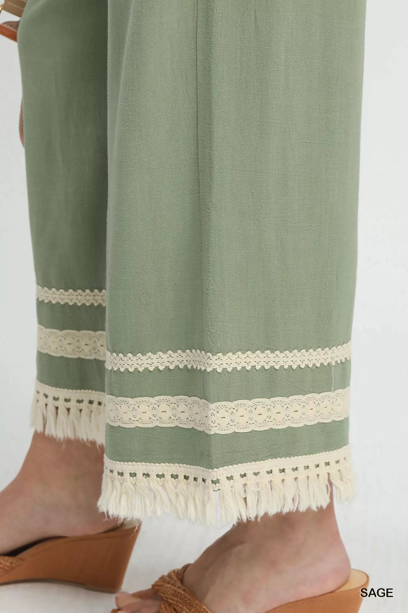 Umgee Lace Trim Fringe Hem Wide Leg Pants 